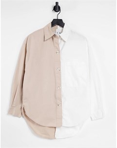 Oversized рубашка в винтажном стиле из комбинированных материалов бежевого и белого цветов Bershka