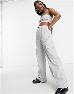 Серые широкие брюки карго в стиле 90 х с карманами и цепочкой от комплекта Bershka