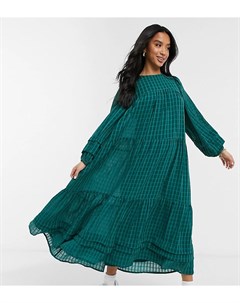 Темно зеленое платье макси в клетку в стиле oversized с присборенной юбкой и складками ASOS DESIGN P Asos petite