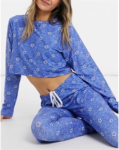 Синий пижамный комплект со звездным принтом из укороченного лонгслива и леггинсов Loungeable