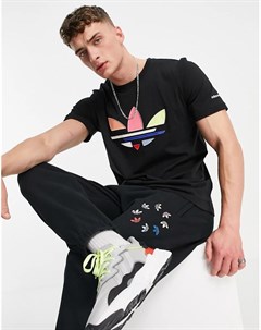 Черная футболка с деформированным логотипом трилистником Adidas originals