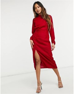 Красное бархатное платье миди со сборками и разрезом до бедра Hope & ivy