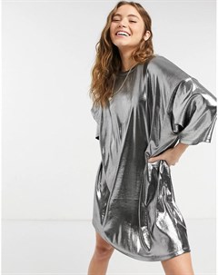 Серебристое платье футболка с эффектом металлик в стиле oversized Asos design