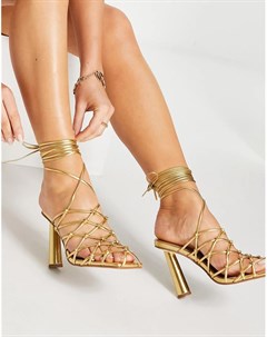 Золотистые босоножки на высоком каблуке с сетчатым дизайном и завязками на щиколотках Pearl Asos design