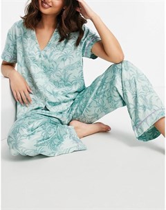 Атласный пижамный комплект мятного цвета с принтом пальм Wellness Project x Chelsea Peers The wellness project