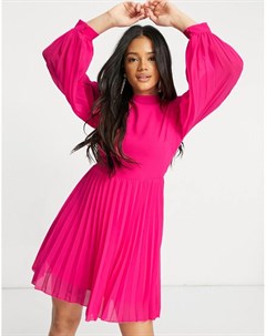 Ярко розовое приталенное платье мини с плиссировкой высоким воротником и длинными рукавами Asos design