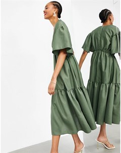 Оливково зеленое ярусное платье миди с запахом из фактурной ткани Asos edition