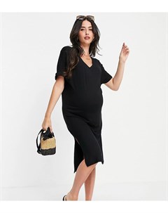 Черное платье футболка миди с V образным вырезом Pieces maternity