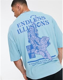 Голубая oversized футболка из органического хлопка с принтом тигра сзади Asos design
