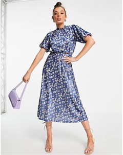 Синее чайное платье миди с короткими рукавами и цветочным принтом Asos design