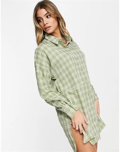 Клетчатое платье рубашка в стиле oversized шалфейно зеленого цвета Missguided