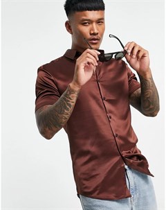 Атласная зауженная рубашка коричневого цвета Asos design