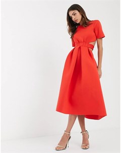 Красное приталенное платье миди с вырезами и поясом Asos design