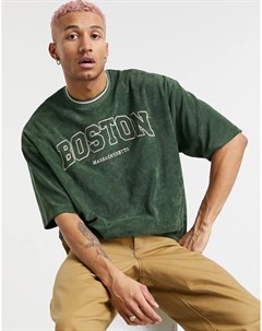 Махровая oversize футболка цвета хаки с надписью Boston Asos design