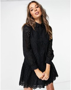 Черное свободное платье рубашка с вышивкой ришелье Lipsy