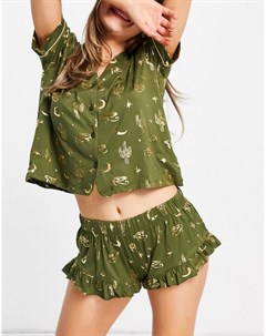 Пижамный комплект цвета хаки с фольгированным принтом кактусов Chelsea peers