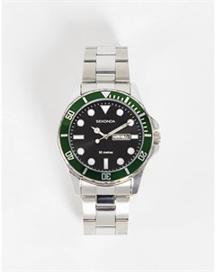 Мужские часы браслет серебристого цвета с зеленым циферблатом Sekonda