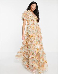 Платье макси с оборками и разноцветным цветочным принтом Sunset Garden Needle & thread