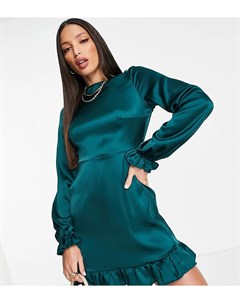 Атласное изумрудно зеленое платье мини с длинными рукавами и открытой спиной Flounce london tall