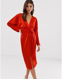 Атласное платье миди красного цвета с рукавами летучая мышь и запахом на талии Asos design