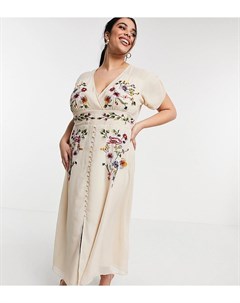 Чайное платье миди цвета слоновой кости с глубоким вырезом и цветочной вышивкой Hope & ivy plus