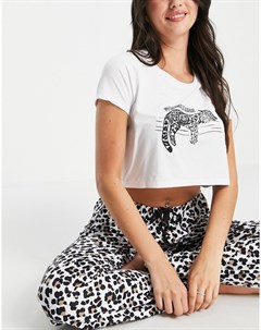 Длинный пижамный комплект с черно белым леопардовым принтом и надписью Rather Be Sleeping Loungeable