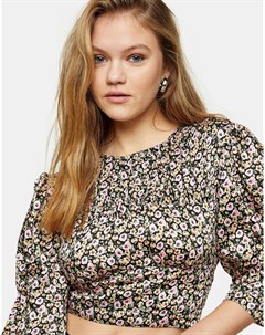 Атласная блузка с оборками и цветочным принтом Topshop