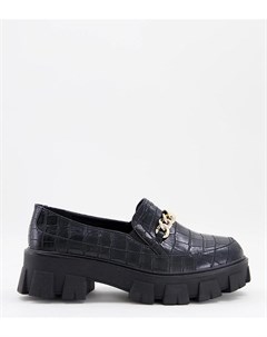 Черные туфли на плоской массивной подошве с эффектом крокодиловой кожи и золотистой цепочкой для шир Raid wide fit