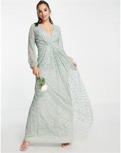 Шалфейно зеленое платье миди для подружки невесты с декоративной отделкой Bridesmaids Frock and frill