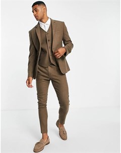 Приталенный пиджак верблюжьего цвета с добавлением шерсти и шевронным узором wedding Asos design