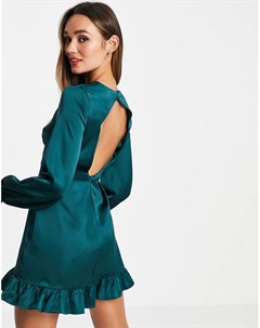 Атласное изумрудно зеленое платье мини с длинными рукавами и открытой спиной Flounce london