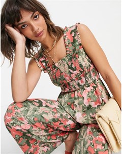 Комбинезон с присборенной отделкой и широкими штанинами с цветочным принтом розового и зеленого цвет Vero moda