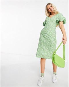 Зеленое платье миди с пышными рукавами и цветочным принтом Urban revivo