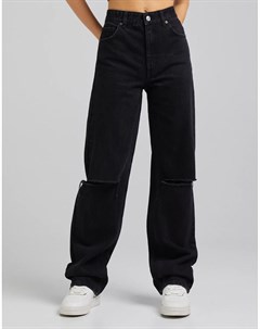 Черные джинсы в винтажном стиле со рваной отделкой Bershka