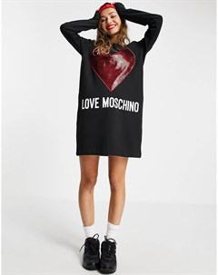 Черное платье футболка с сердцем из пайеток и логотипом разных цветов Love moschino