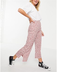 Розовые широкие брюки с разрезами по нижнему краю и цветочным принтом New look