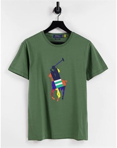 Зеленая футболка с большим разноцветным логотипом игрока поло Polo ralph lauren