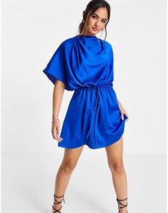 Атласное платье мини синего цвета с высоким воротом присборенной талией и пуговицами Asos design