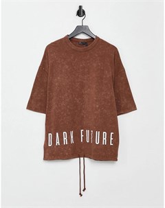 Коричневая oversized футболка с текстовым принтом на спине и шнурком ASOS Dark Future Asos design