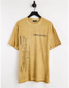 Желтая свободная футболка со вставками эффектом масляной стирки и принтом логотипа на груди Asos unrvlld spply