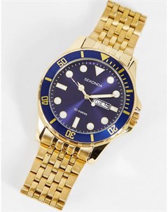 Золотистые наручные часы браслет в стиле унисекс с синим циферблатом Sekonda
