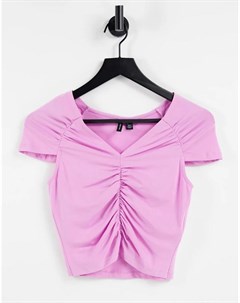 Розовая футболка с V образным вырезом и сборками из смесового органического хлопка Vero moda