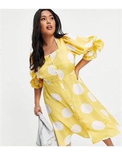Желтое платье миди с пышными рукавами и крупным принтом в горошек Vero moda curve