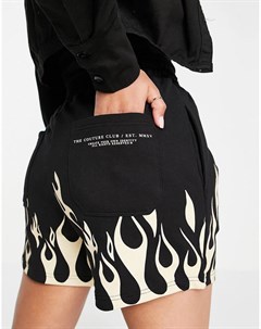 Многоцветные черные oversized шорты с отделкой в виде языков пламени The couture club