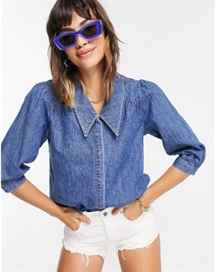 Синяя джинсовая укороченная рубашка с рукавами 3 4 Vero moda