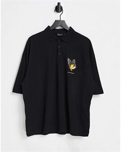 Черная футболка поло в стиле oversized с принтом бабочки на груди Asos design