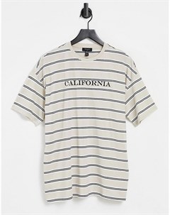 Светло бежевая полосатая футболка с вышитой надписью California New look