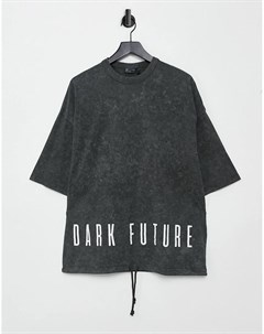 Темно серая oversized футболка с текстовым принтом на спине и шнурком ASOS Dark Future Asos design