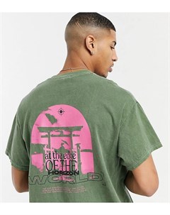Окрашенная oversized футболка цвета хаки с принтом на спине New look