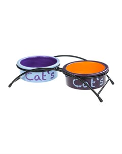 Миска керамическая двойная на подставке для кошек 2x300 мл сине оранжевая Petmax